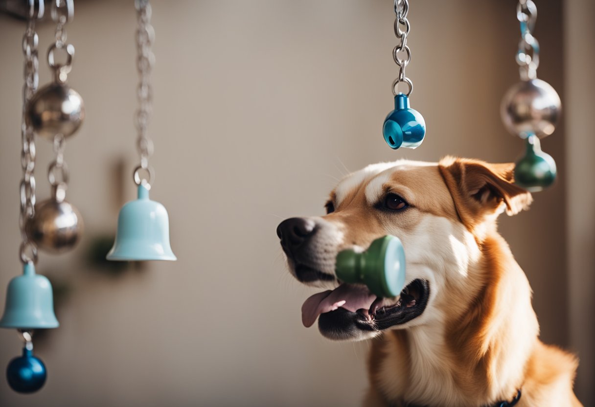 A dog nudges a set of hanging potty bells with its nose