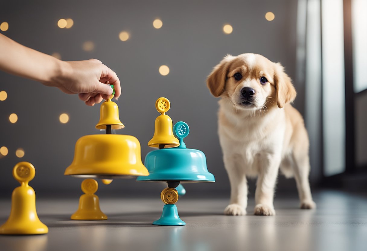 A dog standing by a set of potty bells, with a person nearby holding treats and guiding the dog to ring the bells with their nose or paw