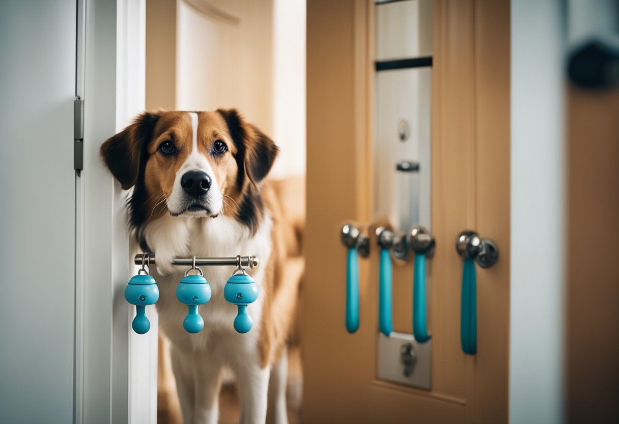 A dog standing next to a set of potty bells hanging from the door handle, looking up at them with a curious expression