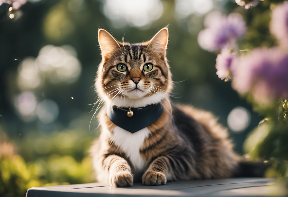 A cat wearing a collar with a bell, sitting in a garden with birds flying around