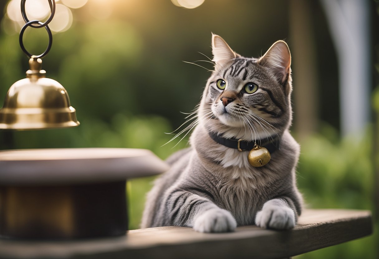 A cat wearing a collar with a bell, sitting near a bird feeder in a garden