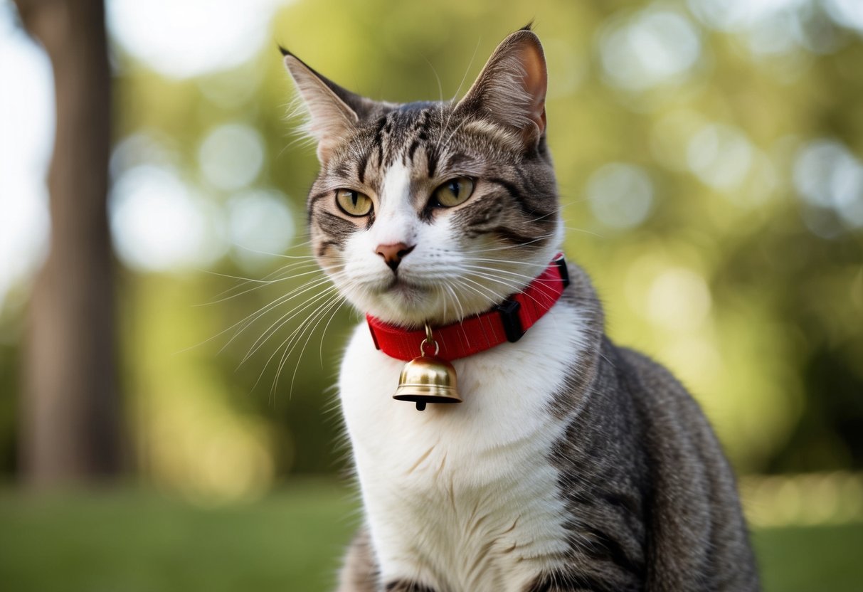 A cat wearing a bell collar looks uncomfortable, pawing at it and trying to shake it off