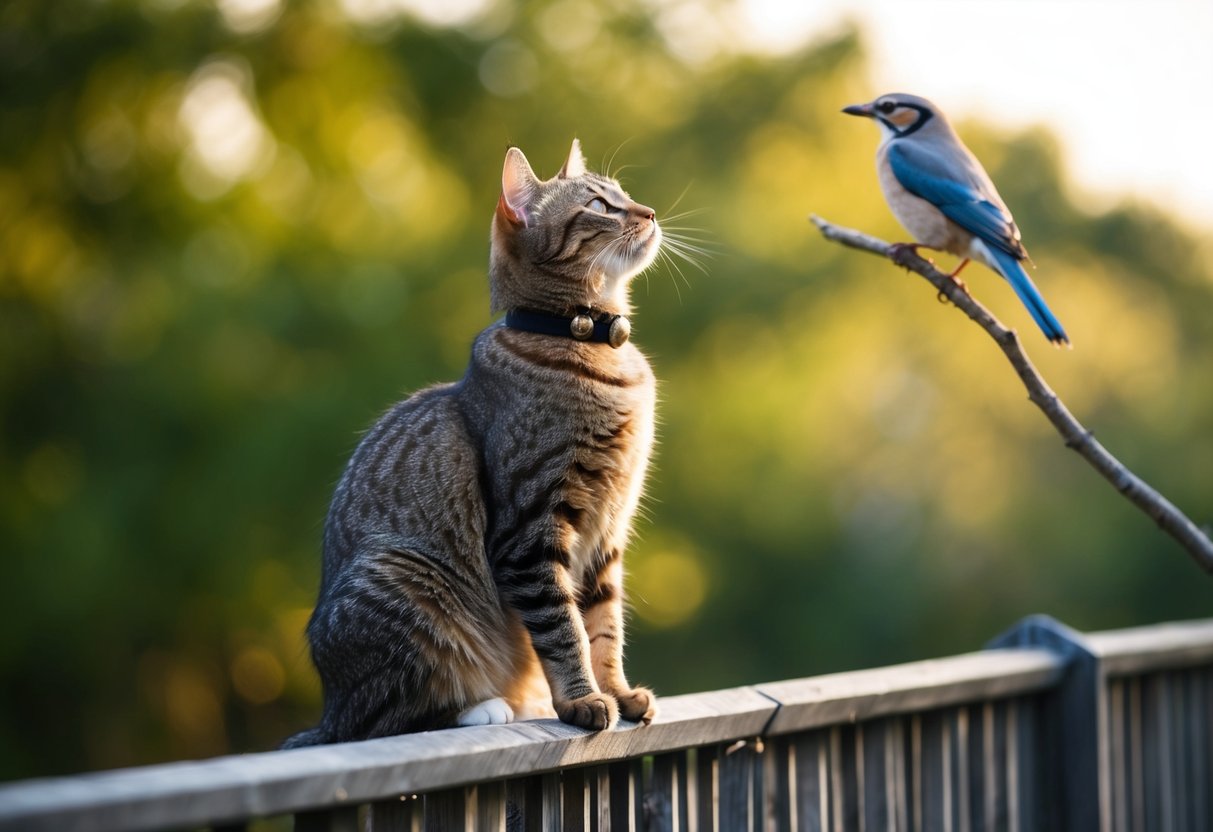 A cat wearing a bell collar sits on a fence, looking up at a bird perched on a branch